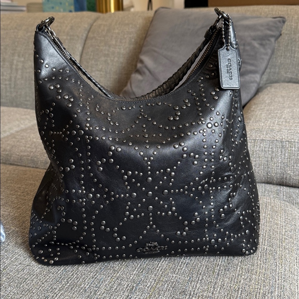 Coach Celeste Studded Black Leather Hobo Shoulder Top Zip Bag F35203 2015